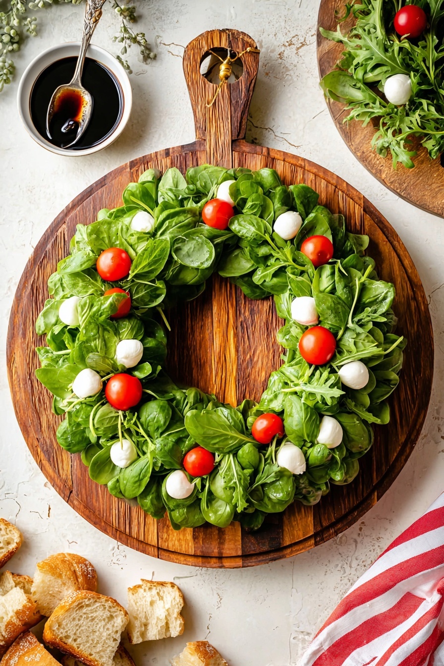 The image shows a round wooden board shaped like a wreath, filled with two layers of fresh green leaves that include basil and arugula, arranged evenly to form a ring with a hollow center. Scattered inside the greens are small red cherry tomatoes and white mozzarella balls, adding bright pops of color. To the top left of the wreath, there is a small white bowl with dark balsamic vinegar and a spoon inside. Around the board, there are additional white marbled textured surfaces, a striped cloth on the bottom right, and some toasted pieces of bread on the lower left. Photo taken with an iphone --ar 2:3 --v 7
