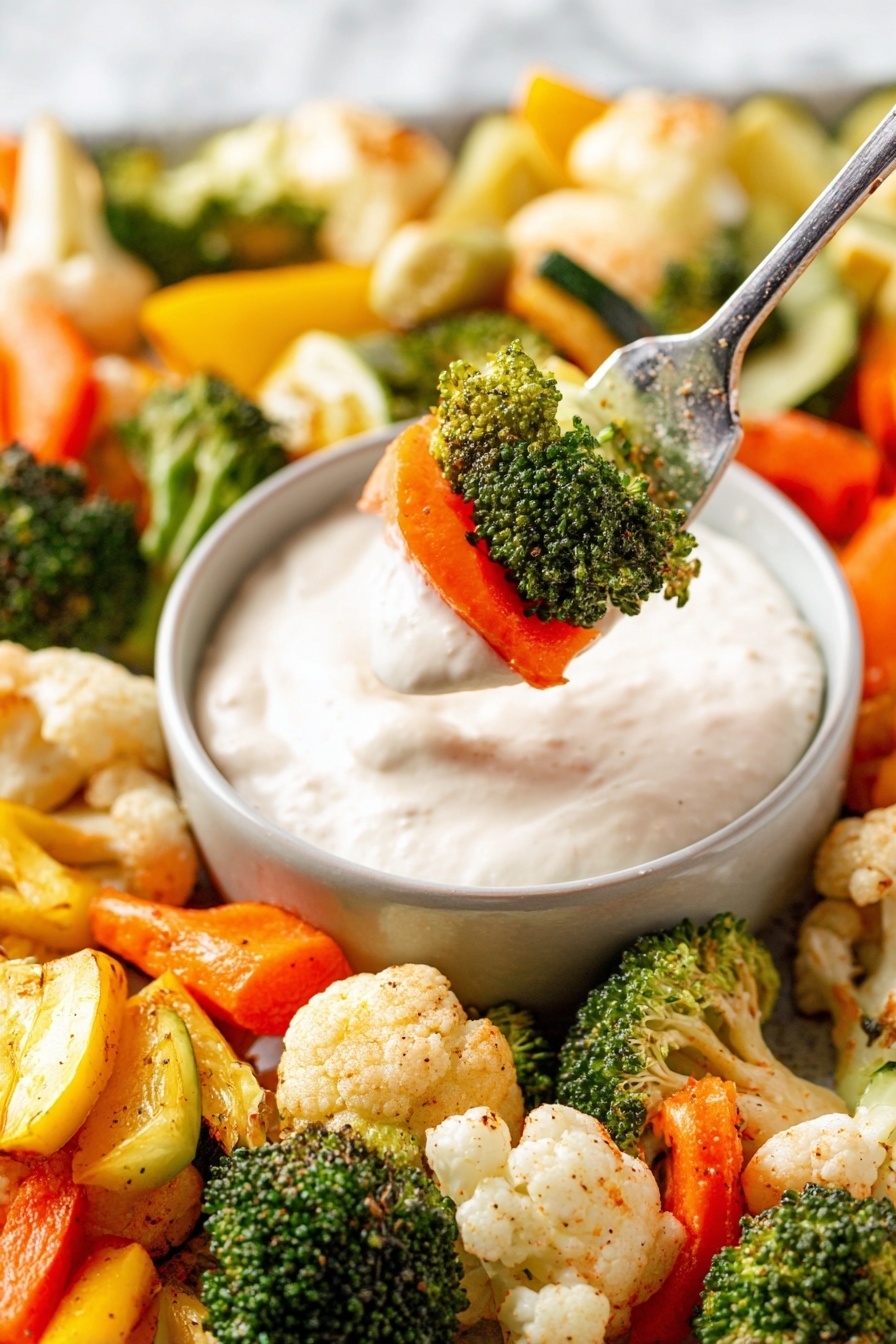 A silver tray holds a mix of roasted vegetables layered without overlap: bright green broccoli florets with a rough texture, pale off-white cauliflower pieces with slightly browned edges, deep orange carrot slices cut diagonally, and chunks of yellow and green zucchini, all showing a light char and seasoning. On the top right corner of the tray is a small white bowl filled with creamy white dipping sauce that has a smooth swirl in the center. The tray sits on a white marbled surface. photo taken with an iphone --ar 2:3 --v 7
