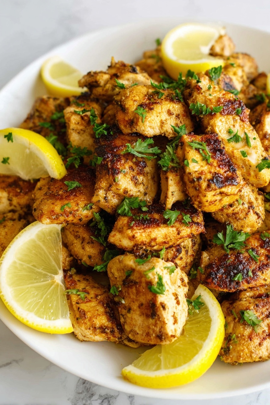 The image shows a white plate filled with many pieces of cooked chicken with a golden brown color and some charred edges, giving a grilled look. The chicken pieces are mixed with bright yellow lemon wedges placed around and inside the pile, adding a fresh touch. The dish is garnished with small bits of chopped green herbs scattered on top, adding color and texture contrast. The background is a white marbled texture. photo taken with an iphone --ar 2:3 --v 7