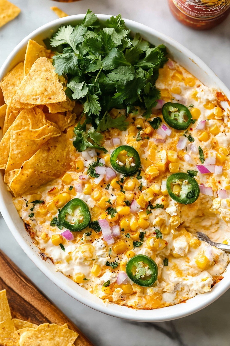 A white bowl filled with a creamy dip showing a golden browned top layer, scattered with bright yellow corn kernels and small pieces of red onion. On top, there are rounds of fresh green jalapeño slices and a pile of green cilantro leaves on one side. The dip is thick and creamy with a soft texture, covered partially with white crumbles of cheese. Around the dip, some yellow tortilla chips are dipped in, holding the creamy mixture and corn. The background is a white marbled surface. photo taken with an iphone --ar 2:3 --v 7
