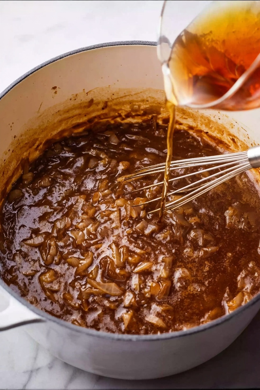 A white pot filled with layers of cooked onions that are soft and brown, mixed in a thick brown sauce with visible specks of spices. A woman's hand is pouring a clear golden liquid into the pot from a glass jar, and a metal whisk is partially inside, stirring the mixture. The background is a white marbled surface. Photo taken with an iphone --ar 2:3 --v 7