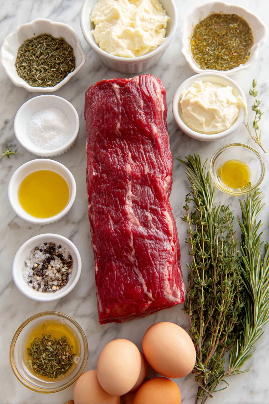 Flat lay of a whole raw beef tenderloin with a smooth, deep red color and slight marbling, a small white ceramic bowl of dried oregano with fine green leaves, a small white ceramic bowl of dried thyme showing tiny, pale green flakes, a small white ceramic bowl of dried rosemary with needle-like pieces, a small white ceramic bowl of garlic powder with fine off-white powder, a small white ceramic bowl of coarse sea salt with white crystals, a small white ceramic bowl of freshly ground black pepper showing dark, uneven granules, a small white ceramic bowl of golden olive oil with a glossy surface, a small white ceramic bowl of creamy pale yellow butter, two fresh rosemary sprigs with vibrant green needles, four fresh thyme sprigs with delicate small green leaves, a small white ceramic bowl of thick white sour cream, a small white ceramic bowl of smooth pale beige mayonnaise, a small white ceramic bowl of freshly grated horseradish with a moist, fibrous texture, and two whole uncracked brown eggs with smooth clean shells, all arranged in perfect symmetry and realistic proportions, placed on a clean white marble surface, soft natural light, photo taken with an iPhone, professional food photography style, fresh ingredients, white ceramic bowls, no bottles, no duplicates, no utensils, no packaging --ar 2:3 --v 7 --p m7354615311229779997