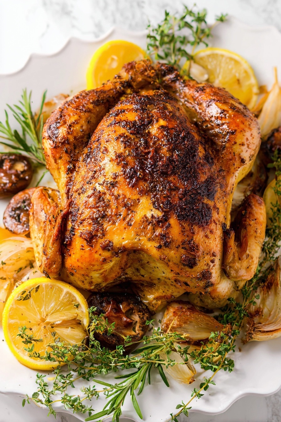 A whole roasted chicken lies in the center of a white plate with a slightly scalloped edge, showing a rich golden-brown color with darker seasoning spots that give the skin a crispy look. The chicken is surrounded by slices of bright yellow lemon, whole roasted garlic heads with a light brown roasted color, and sprigs of fresh green herbs like rosemary and thyme scattered around the plate. The chicken wings and legs are tucked close, and the skin has a shiny, slightly oily texture. The scene is set on a white marbled surface, giving a clean, fresh background. Photo taken with an iphone --ar 2:3 --v 7
