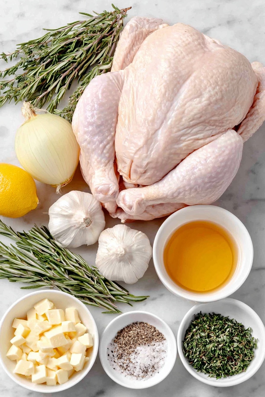 Flat lay of a whole fresh raw chicken with clean skin, two medium yellow onions quartered, two large lemons quartered, two halved heads of garlic showing fresh cloves, five whole uncracked garlic cloves, two sprigs of fresh rosemary, two sprigs of fresh thyme, a small white ceramic bowl with melted unsalted butter, a small white ceramic bowl filled with finely chopped fresh rosemary leaves, a small white ceramic bowl filled with fresh thyme leaves, a small white ceramic bowl of lemon zest from large lemons, a small white ceramic bowl of coarse kosher salt, a small white ceramic bowl of ground black pepper, all ingredients placed in perfect symmetry on a clean white marble surface, soft natural light, photo taken with an iPhone, professional food photography style, fresh ingredients, white ceramic bowls, no bottles, no duplicates, no utensils, no packaging --ar 2:3 --v 7 --p m7354615311229779997