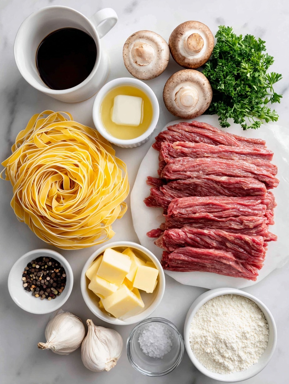 Flat lay of fresh wide egg noodles arranged neatly next to whole uncooked thinly-sliced flank steak laid flat, a small white bowl of fine sea salt crystals beside a small white bowl of freshly cracked black pepper, a small white bowl holding thinly sliced small white onion, a white ceramic plate with a mix of fresh button and baby bella mushrooms, a small white bowl filled with peeled garlic cloves, a small white bowl containing clear dry white wine, a small white bowl with rich beef stock, a small white bowl with glossy Worcestershire sauce, a small white bowl with all-purpose flour, a small white bowl with creamy plain Greek yogurt, a few sprigs of bright green chopped fresh parsley scattered beside a whole uncracked brown egg, all ingredients perfectly spaced with balanced symmetry on a clean white marble surface, soft natural light, photo taken with an iPhone, professional food photography style, fresh ingredients, white ceramic bowls, no bottles, no duplicates, no utensils, no packaging --ar 2:3 --v 7 --p m7354615311229779997
