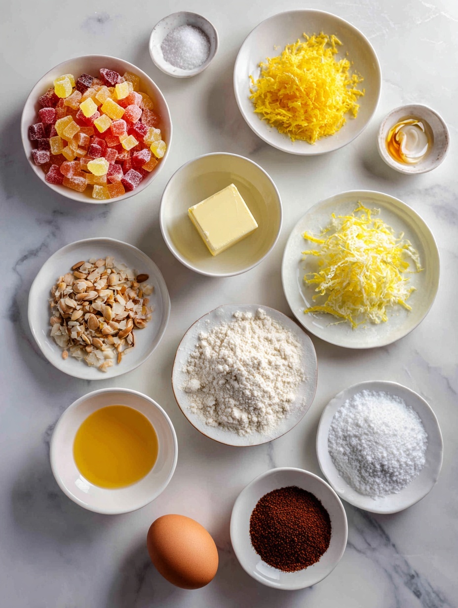 Flat lay of a small pile of finely diced colorful candied fruit, a handful of roughly chopped whole almonds, a small white bowl of clear dry sherry, a small white bowl of freshly squeezed lemon juice, a small white bowl with bright yellow lemon zest, coarse salt crystals scattered neatly, a modest mound of all-purpose flour, a pinch of ground mixed spice powder, a small block of pale cream butter at room temperature, two small heaps of granulated sugar and dark brown sugar side by side, one large whole egg with a clean shell, all arranged in perfect symmetry on simple white ceramic bowls and plates, placed on a clean white marble surface, soft natural light, photo taken with an iPhone, professional food photography style, fresh ingredients, white ceramic bowls, no bottles, no duplicates, no utensils, no packaging --ar 2:3 --v 7 --p m7354615311229779997