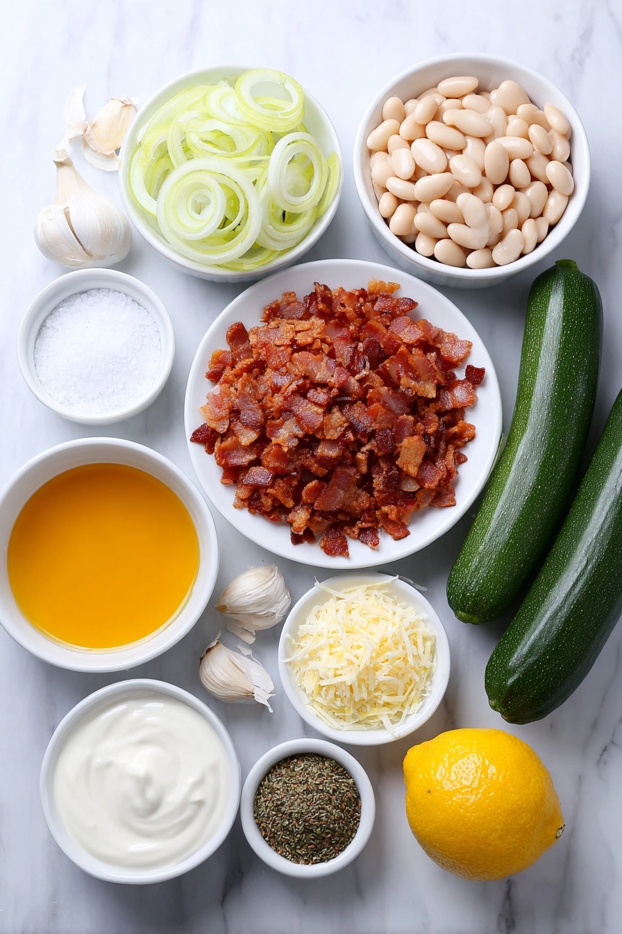 Flat lay of three slices of raw chopped bacon, a small white bowl of olive oil, one fresh leek thinly sliced, two medium zucchinis whole and natural, four whole uncracked garlic cloves, one small white bowl of salt, two small white bowls filled with fresh drained cannellini beans and their creamy liquid, one small white bowl of sour cream, one small white bowl of grated parmesan, one small white bowl of za’atar spice, one small white bowl containing lemon zest, placed on a clean white marble surface, soft natural light, photo taken with an iPhone, professional food photography style, fresh ingredients, white ceramic bowls, no bottles, no duplicates, no utensils, no packaging --ar 2:3 --v 7 --p m7354615311229779997