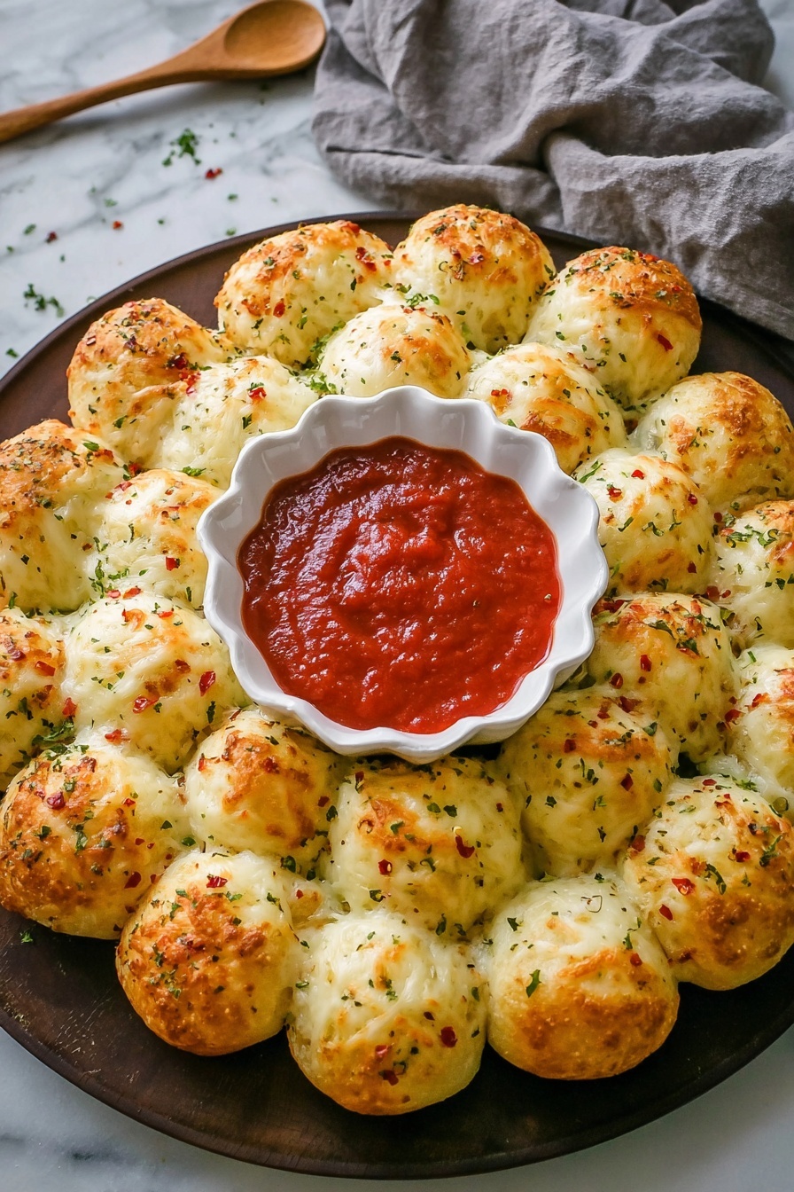A round white plate holds 13 small golden bread balls arranged in a ring around a white scalloped bowl filled with thick red marinara sauce. Each bread ball is topped with melted white cheese sprinkled with green herbs and small red flakes. The bread balls are soft and slightly browned on top. A woman's hand is pulling one cheese-covered bread ball from the ring, stretching melted cheese strands that connect it to the rest. The plate is placed on a white marbled surface with a gray cloth and a wooden board in the background. Photo taken with an iphone --ar 2:3 --v 7