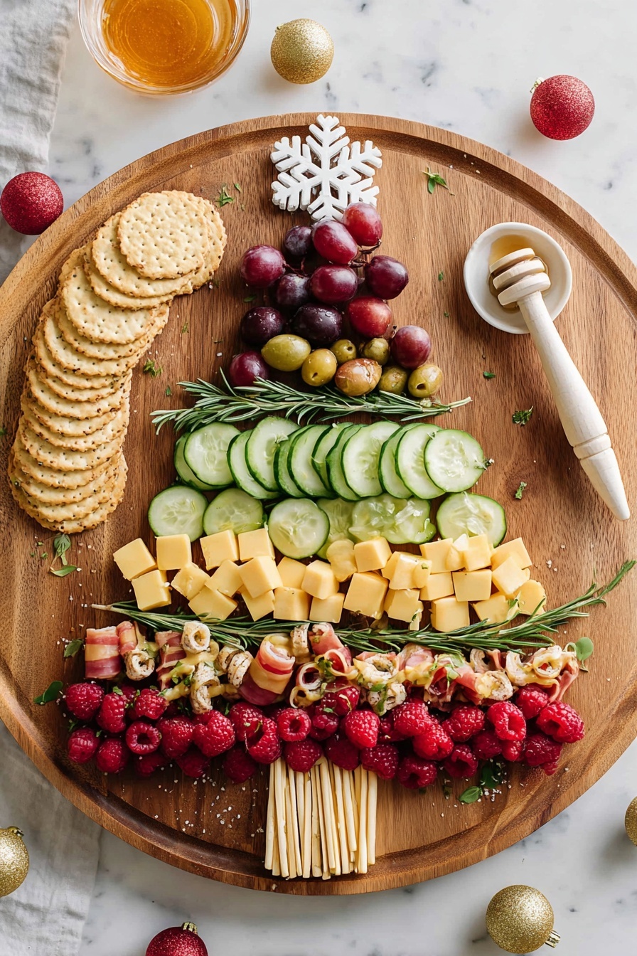 A round wooden board holds a layered Christmas tree-shaped snack arrangement sitting on a white marbled surface. The tree has six layers: the top layer has star-shaped pale yellow cheese with cracker leaves behind them; below are folded slices of dark red cured meat and cubes of yellow cheese; the middle shows a thick layer of bright red raspberries with two dark green olives; next is a layer of pale beige nuts followed by thinly sliced green cucumbers decorated with sprigs of fresh rosemary; below are dark purple grapes and then sticks of pale yellow cheese; the bottom forms a border with round swirled crackers and more rosemary sprigs with dark olives. Beside the board is a small white bowl of honey with a wooden dipper and a gold spreader. Sprigs of greenery and small red and gold balls decorate the surface. photo taken with an iphone --ar 2:3 --v 7