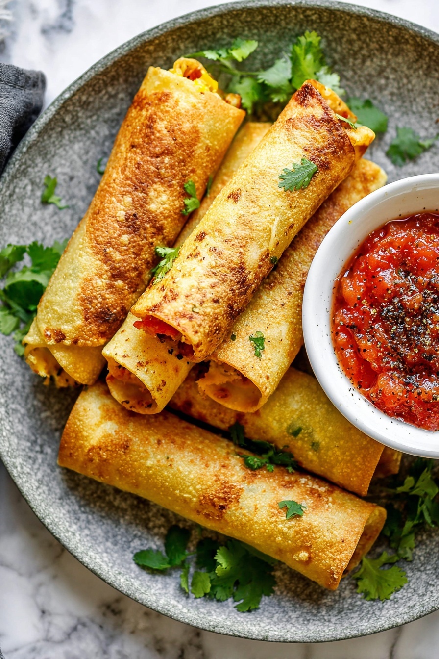 Five golden-brown rolled tacos with a crispy texture lie on a white plate with a gray speckled pattern, sprinkled with black pepper and fresh green cilantro leaves scattered around. A small white bowl with yellow designs holds chunky red salsa topped with black pepper and cilantro, placed at the edge of the plate. The setting is on a white marbled surface with a beige cloth and more cilantro leaves in the background. Photo taken with an iphone --ar 2:3 --v 7