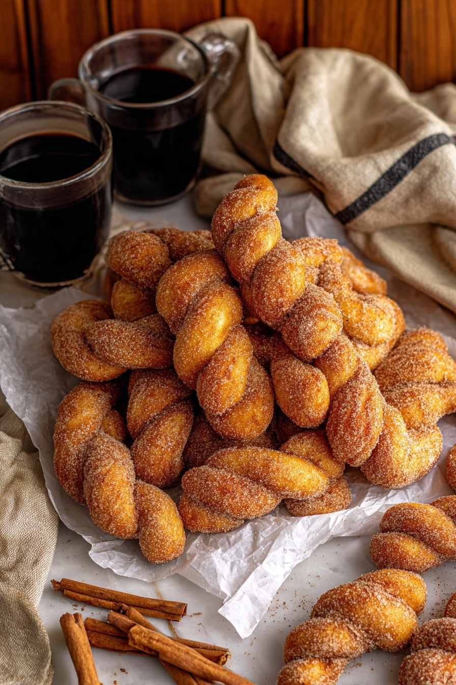 A large pile of twisted cinnamon sugar donuts sit on crumpled white parchment paper, each donut golden brown and covered evenly with a grainy cinnamon sugar coating. Around the donuts are several cinnamon sticks with a warm brown color and curled edges. Behind the donuts are two clear glass cups filled with dark coffee, both with clear handles. A soft white towel with a single dark stripe rests in the blurred background, and the whole scene is set on a white marbled surface. photo taken with an iphone --ar 2:3 --v 7