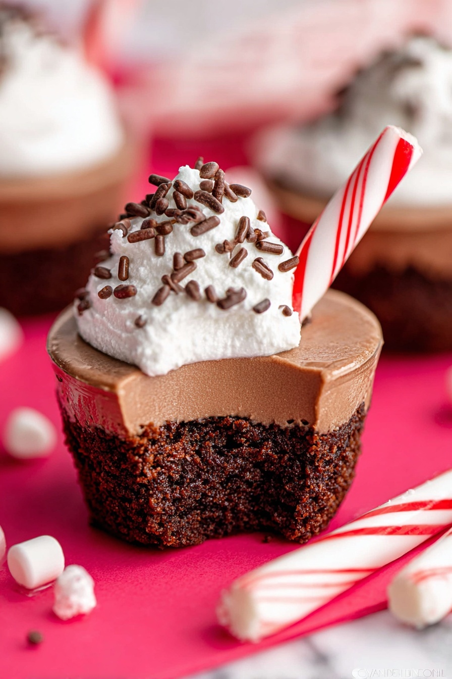 A small chocolate cake cup with a rough and spongy dark brown base, filled with a smooth, shiny milk chocolate layer. On top, there is a swirl of white whipped cream, decorated with brown chocolate sprinkles and small broken pieces of red and white peppermint candies. A whole striped red and white peppermint stick is stuck into the whipped cream on the right side. The dessert sits on a bright pink surface with some scattered peppermint pieces and chocolate sprinkles around it. Photo taken with an iphone --ar 2:3 --v 7