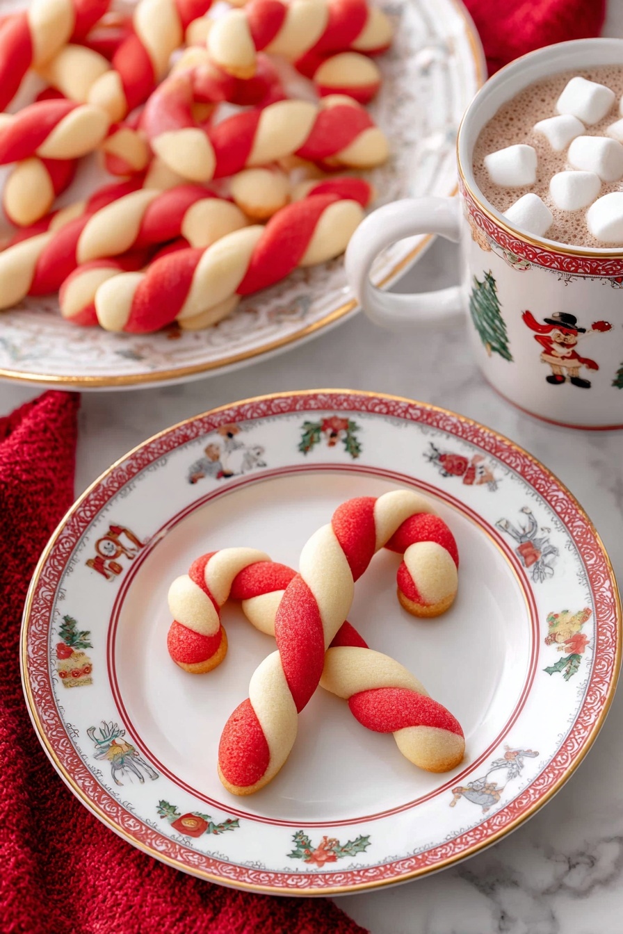 A twisted candy cane cookie with two visible spiral layers, one red and one light beige, sits centered on a white plate decorated with small Christmas-themed images like holly leaves, teddy bears, toy soldiers, and gifts around the rim, which has a scalloped edge and a red circle near the center. In the background, multiple similar candy cane cookies are arranged on a white plate with red and gold festive patterns. To the right, a white mug with a Christmas tree design is filled to the top with small white marshmallows. All items rest on a white marbled surface with some red plaid cloth partially visible beneath the plates. photo taken with an iphone --ar 2:3 --v 7