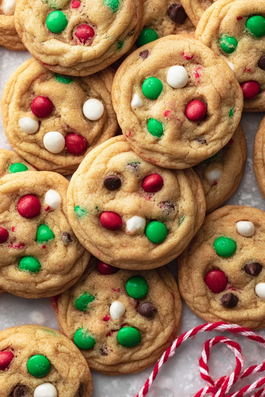 A pile of round, golden cookies with a soft texture lie scattered over a white marbled surface. Each cookie is filled with colorful candy pieces in red, green, and white, along with dark chocolate chips mixed in. The candies sit slightly pressed into the top of the cookies, giving a bumpy and inviting look. The overall arrangement shows the cookies overlapping each other, with some loose candy pieces nearby. Near the bottom right corner, a red and white twisted string loops partially around a few cookies. photo taken with an iphone --ar 2:3 --v 7