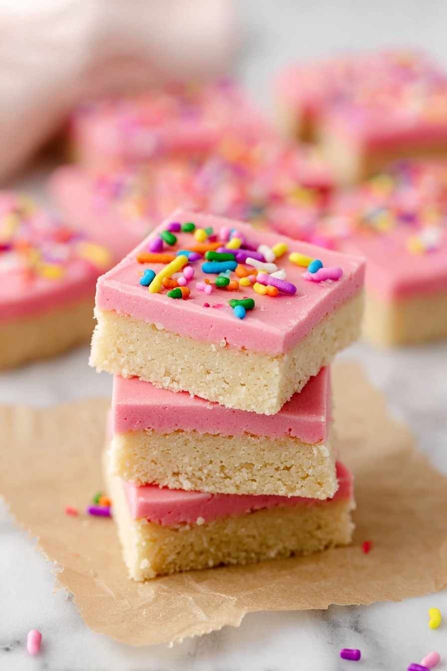 The image shows a close-up of a stack of three pink-frosted dessert bars on a white marbled surface. Each bar has two layers: a light beige, soft-looking cake base with a smooth, thick layer of bright pink frosting on top. The top bar has a small bite taken from the side, revealing the soft texture inside. Colorful sprinkles in various shapes and colors, including green, blue, orange, and white, are scattered on the frosting. More bars of the same dessert are blurred in the background. photo taken with an iphone --ar 2:3 --v 7