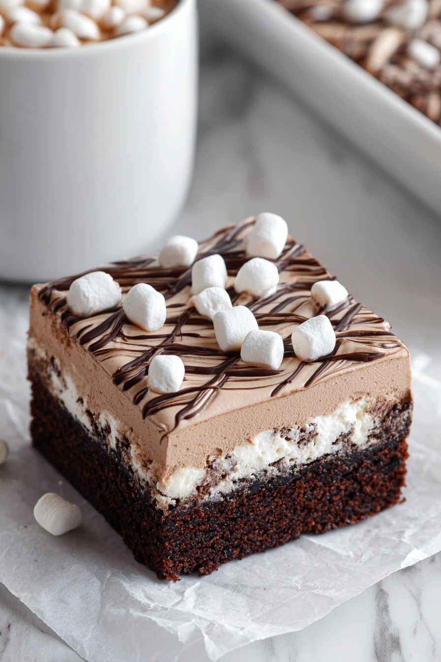 A thick slice of chocolate cake sits on a piece of brown parchment paper over a wooden board, showing three layers: a bottom dark brown moist cake, a middle layer of soft white marshmallow cream mixed with chocolate drizzle, and a top layer of smooth chocolate frosting with a glossy chocolate drizzle pattern and small white marshmallows scattered evenly. The background is a white marbled texture with a fork nearby and blurred out second cake pieces. Photo taken with an iphone --ar 2:3 --v 7