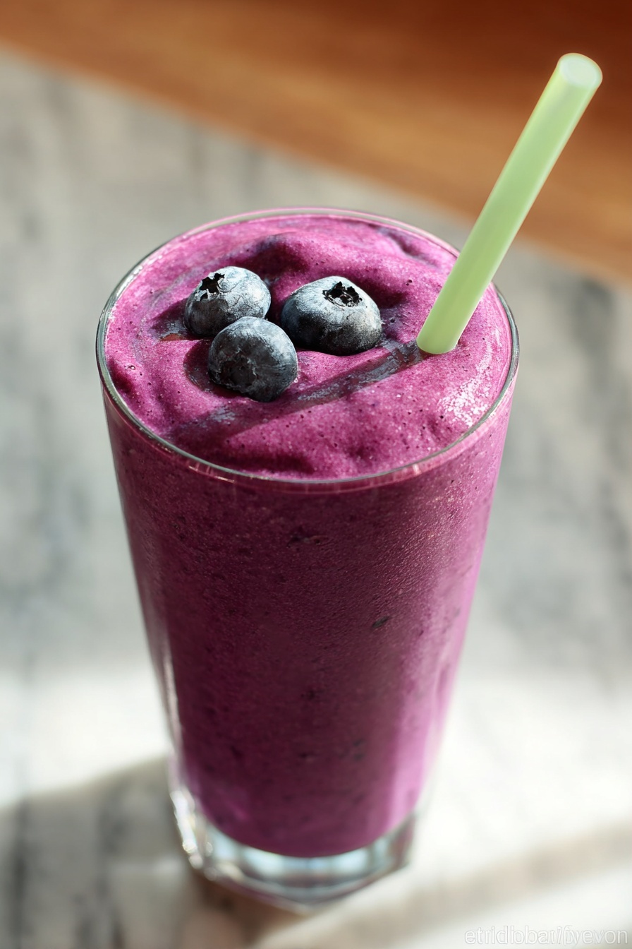 A tall clear glass is filled with a thick, smooth deep purple smoothie that fills the glass to the top with a slightly rounded surface. On top, there are three whole fresh blueberries placed in a small cluster. A bright green straw is inserted into the smoothie from the right side. The glass sits on a white marbled surface. photo taken with an iphone --ar 2:3 --v 7