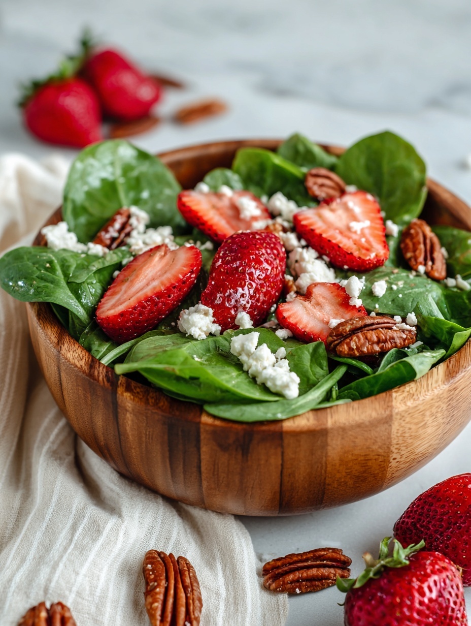 A wooden bowl filled with fresh bright green spinach leaves forms the bottom layer. On top, there are slices of red strawberries with white and red juicy texture visible inside, evenly spread around. Scattered among the strawberries and spinach are small brown pecans adding a rich texture. White crumbled cheese pieces are sprinkled all over the salad, providing a contrast to the colors. Outside the bowl, some whole strawberries and pecans lie on a soft white cloth next to crumbled white cheese on a light wooden surface, all set against a white marbled background. Photo taken with an iphone --ar 2:3 --v 7