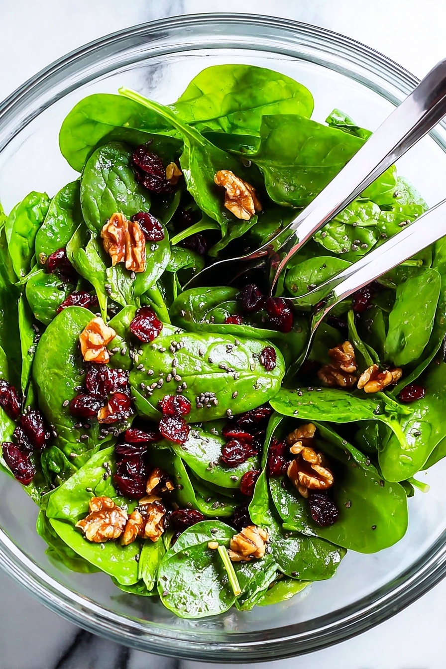 The image shows a clear glass bowl filled with a fresh spinach salad made of large, bright green spinach leaves layered evenly, mixed with small pieces of red dried cranberries scattered throughout. Small, light brown chopped walnuts are sprinkled across the top of the spinach and cranberries. Tiny dark chia seeds are spread over the salad, adding texture. Silver salad tongs rest inside the bowl on the spinach, ready to serve. The bowl sits on a white marbled surface. photo taken with an iphone --ar 2:3 --v 7