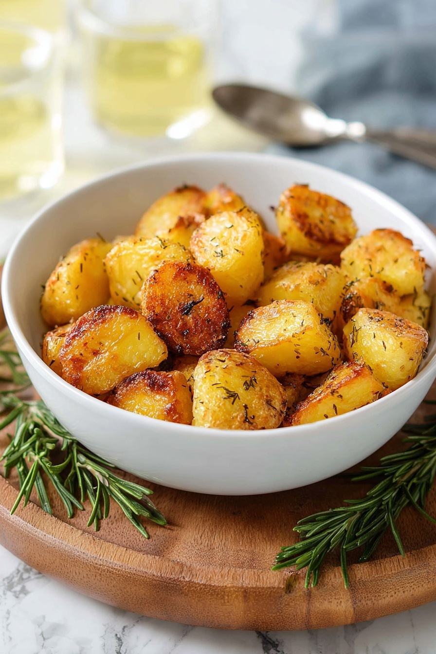 A white bowl filled with golden roasted potato pieces, each piece showing a crispy, browned outer layer with light specks of herbs. The potatoes are piled loosely inside the bowl, and a sprig of green rosemary is placed on the side inside the bowl. The bowl sits on a round wooden board with visible grain texture, and fresh green herb sprigs lay around it. In the background, there are two glasses filled with light-colored liquid and a silver serving spoon on a surface with a white marbled texture. photo taken with an iphone --ar 2:3 --v 7