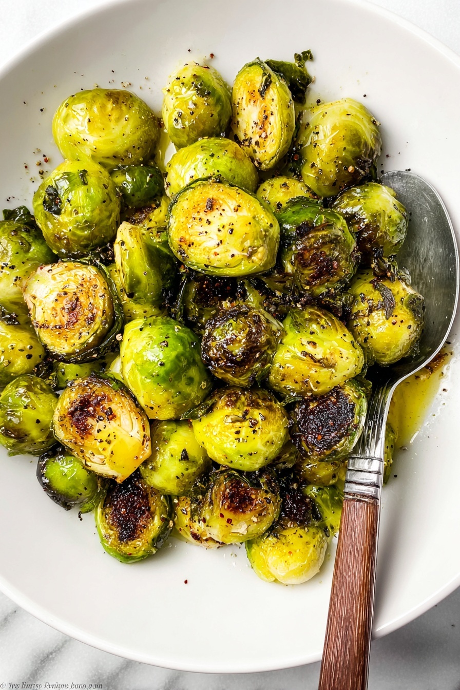 The image shows a white bowl filled with roasted Brussels sprouts. The Brussels sprouts are mostly green with some parts browned and crispy, showing a well-roasted texture. Some sprouts are whole, and others are halved, showing the layered inner leaves. Black pepper and seasoning are visible on the sprouts’ surface. A metal spoon with a wooden handle is inside the bowl, holding some Brussels sprouts. The bowl sits on a white marbled surface. photo taken with an iphone --ar 2:3 --v 7