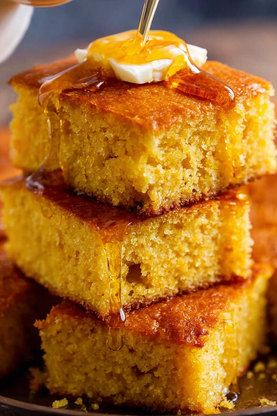 The image shows several thick, square pieces of golden yellow cornbread stacked on top of each other. The top piece is topped with a small square of melting butter and a drizzle of shiny honey or syrup. The cornbread has a soft, crumbly texture inside with a slightly crisp, browned crust on the top and edges. The background is a white marbled texture. photo taken with an iphone --ar 2:3 --v 7