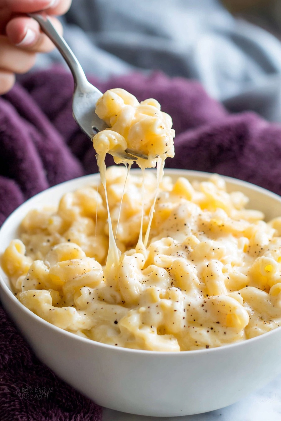 A close-up of a white bowl filled with creamy macaroni and cheese, showing small elbow pasta coated in a thick, pale yellow cheese sauce with some melted cheese strands stretching from a fork lifting a bite out of the bowl. The cheese sauce appears smooth and slightly shiny with specks of black pepper visible throughout. The background is a white marbled texture with a blurred purple cloth adding contrast. photo taken with an iphone --ar 2:3 --v 7