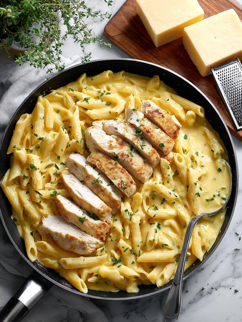 A black pan filled with creamy pasta and sliced chicken arranged on top in two curved rows, the cooked penne pasta coated evenly in a light green pesto cream sauce, the chicken slices pale with a golden-brown edge, sprinkled with finely chopped green herbs, a metal spoon resting on the right side of the pan; the pan is placed on a white marbled surface with fresh green basil leaves in a pot at the top left corner and a wooden board with two small pale cheese blocks and a gold grater at the top right corner, the scene bright and clean with natural lighting photo taken with an iphone --ar 2:3 --v 7