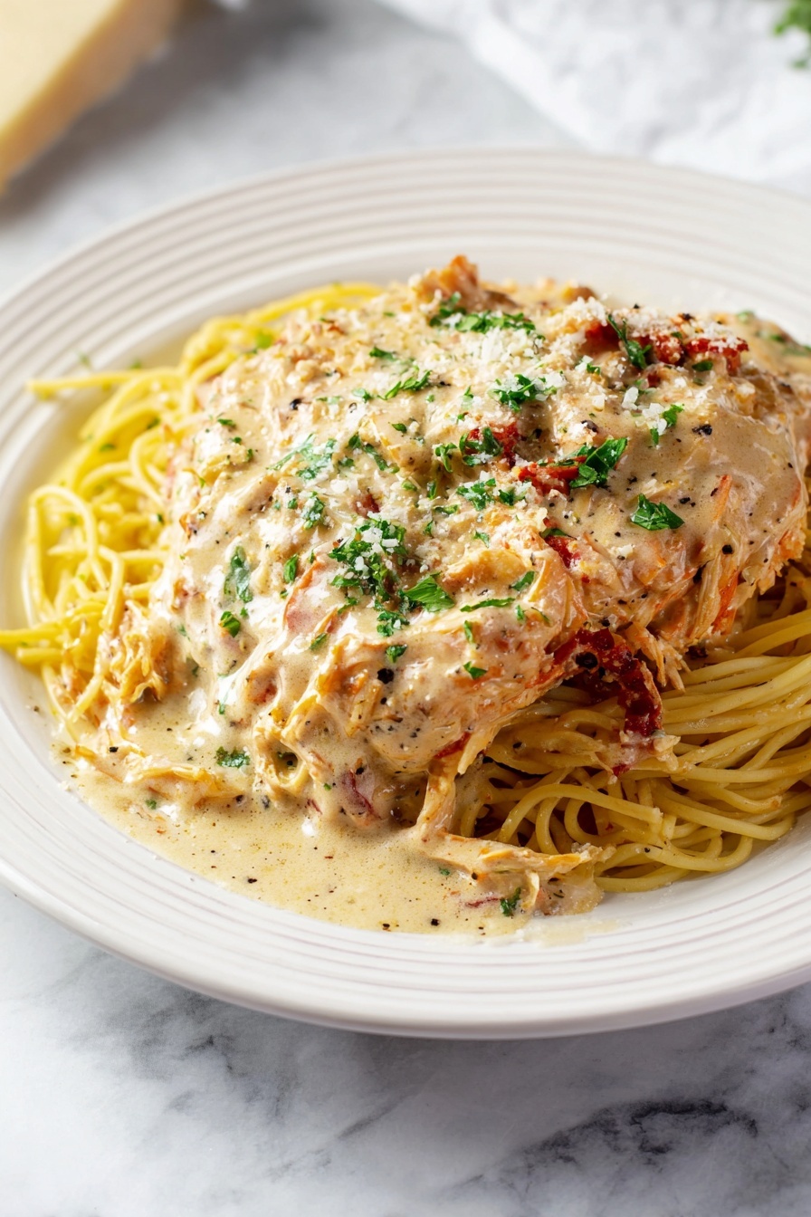 The dish shows a white plate with a bed of yellow spaghetti noodles as the bottom layer. On top of the noodles is a thick piece of light brown chicken covered in a creamy white sauce that has visible herbs and small bits of red sun-dried tomatoes. The sauce is sprinkled with a few green parsley leaves, adding a touch of color to the creamy texture. The background surface has a white marbled texture, and a small bowl of grated cheese sits blurred in the upper right corner. photo taken with an iphone --ar 2:3 --v 7