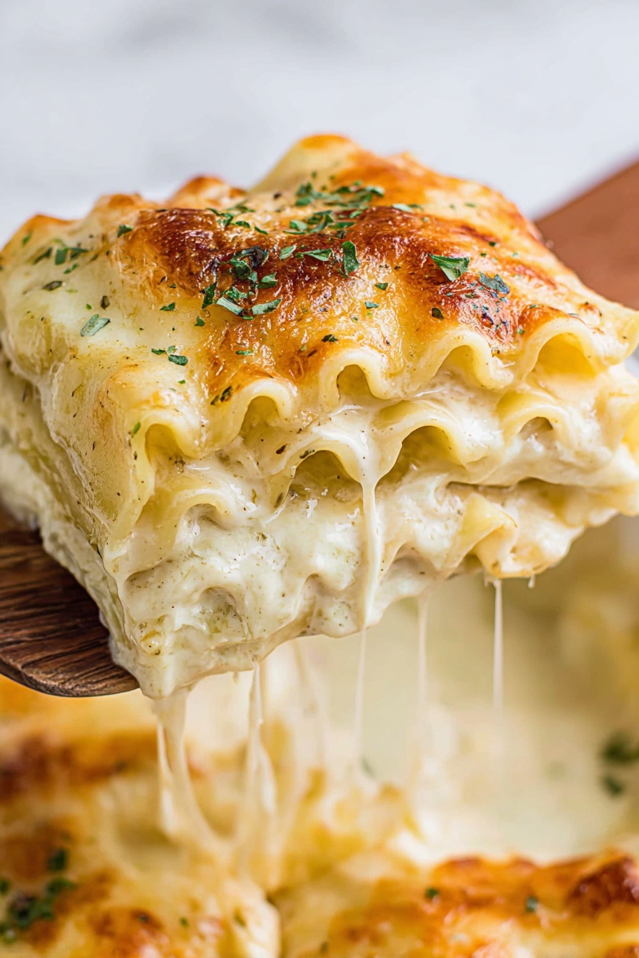 A close-up of a creamy lasagna roll held by a wooden spatula with a woman's hand, showing three visible layers of pasta and cheese sauce. The top layer is golden brown and slightly crispy with small bits of chopped green herbs sprinkled on it. The middle layer shows stretchy melted cheese sliding down, and the bottom layer is thick and smooth white cheese sauce with specks of black pepper. The background has a white marbled surface with more lasagna rolls out of focus. Photo taken with an iphone --ar 2:3 --v 7