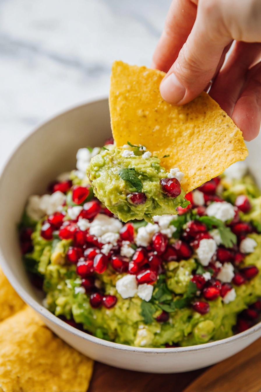 A bowl filled with a layer of chunky bright green guacamole topped with bright red, shiny pomegranate seeds, small white crumbles of cheese, and fresh green cilantro leaves scattered on top. The bowl is white and sits on a round wooden board. Around the bowl, there are large, crispy yellow tortilla chips placed on the board and one chip dipped into the guacamole. Some fresh cilantro leaves are visible next to the bowl. The background is a white marbled surface. photo taken with an iphone --ar 2:3 --v 7