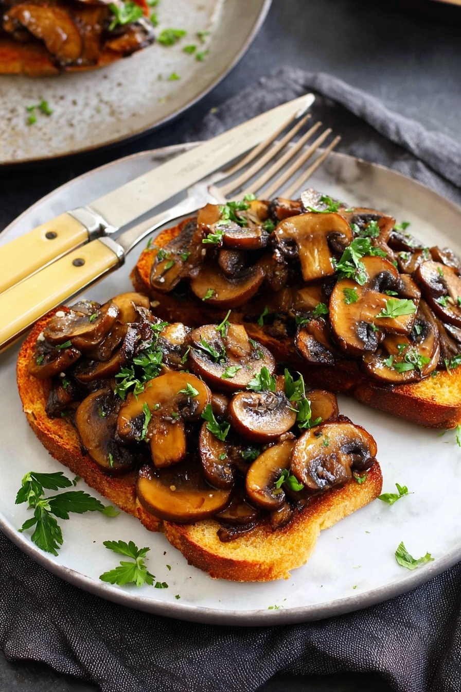 A single slice of golden toasted bread lays flat on a white plate, topped with two layers of browned sautéed mushrooms in various shades of brown, some pieces are whole slices and others are smaller chunks. The mushrooms are sprinkled with fresh bright green chopped parsley leaves, adding color contrast. The toast has a slightly rough texture with visible grains, and a silver fork rests on the right side of the plate. The setting includes a white marbled surface underneath, with a dark cloth napkin beneath the plate, and another partially visible plate with the same dish in the blurred background. photo taken with an iphone --ar 2:3 --v 7