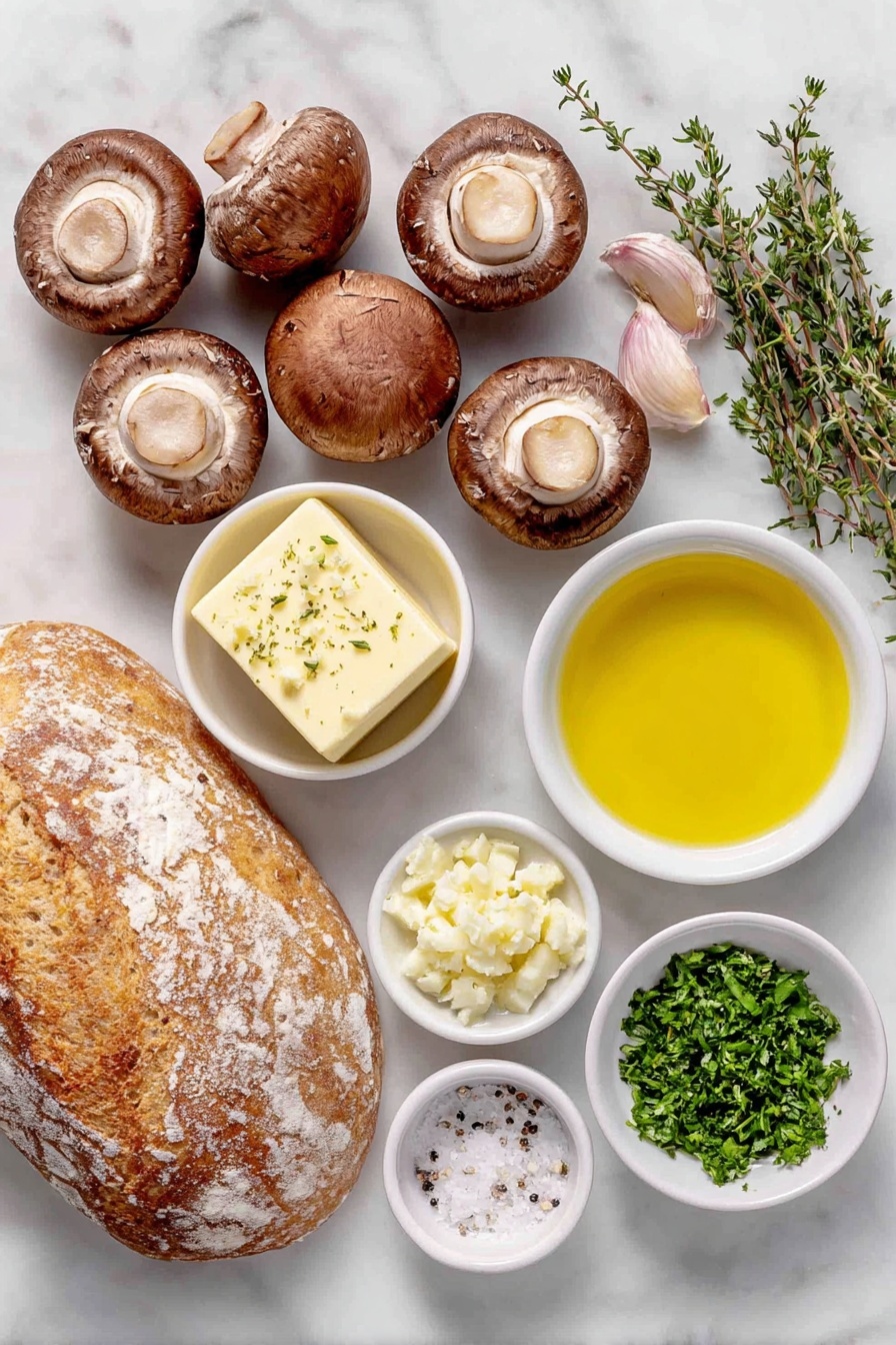 Flat lay of fresh chestnut mushrooms sliced thickly on a simple white ceramic plate, a few cloves of whole garlic with one left intact and two minced in a small white bowl, a few sprigs of fresh thyme arranged neatly, a small pat of salted butter on a white ceramic dish, a few sprigs of finely chopped flat-leaf parsley in a small white bowl, a drizzle of olive oil in another small white bowl, and four slices of rustic day-old sourdough bread placed evenly, all ingredients fresh and natural, perfectly balanced and symmetrically arranged on a clean white marble surface, soft natural light, photo taken with an iPhone, professional food photography style, fresh ingredients, white ceramic bowls, no bottles, no duplicates, no utensils, no packaging --ar 2:3 --v 7 --p m7354615311229779997