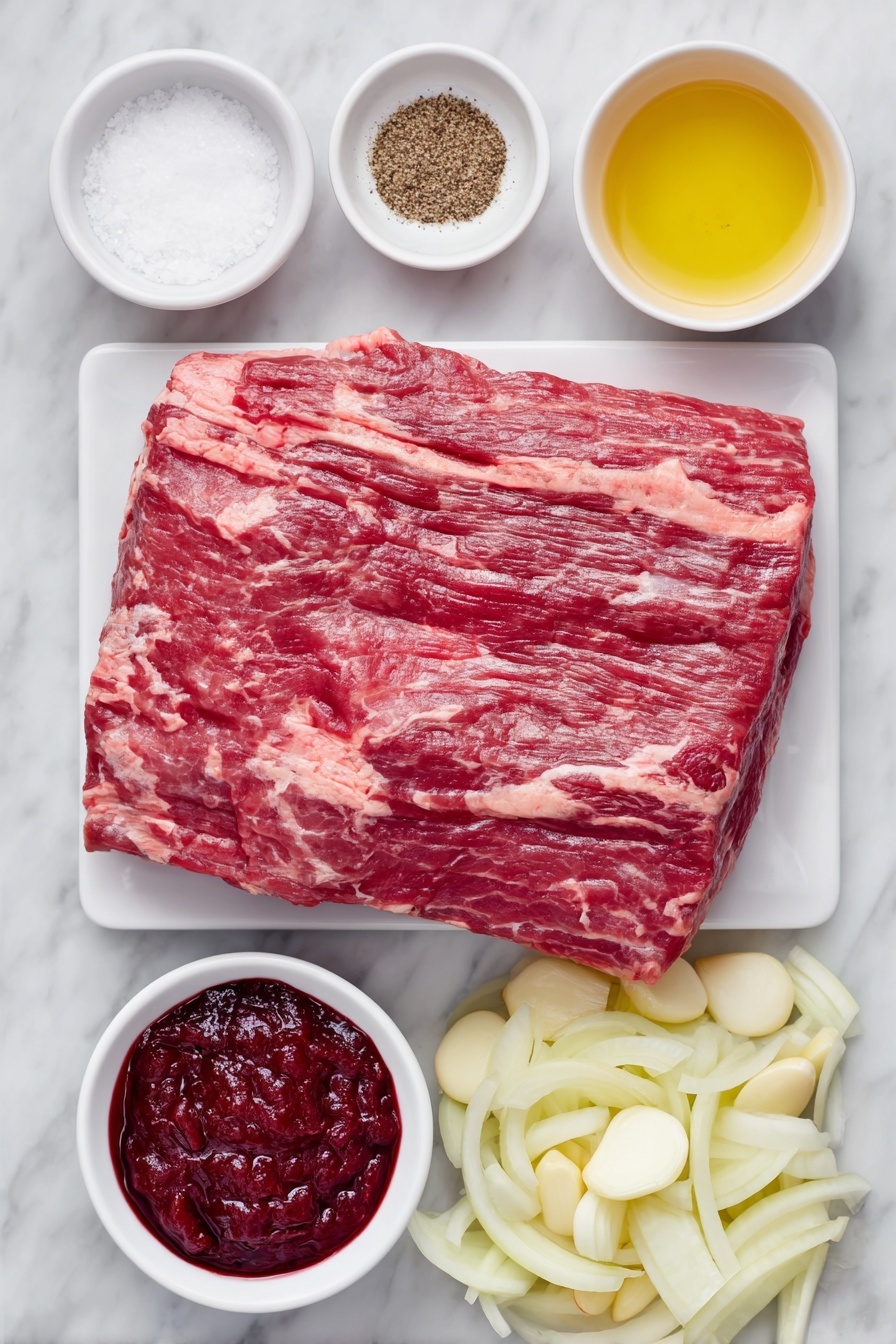 Flat lay of a whole raw beef brisket with a thin layer of fat, several medium yellow onions halved and sliced into thick rings, six whole uncracked garlic cloves, three thick peeled and trimmed carrots cut into chunks, a small white ceramic bowl filled with coarse kosher salt, a small white bowl with freshly ground black pepper, a small white bowl of vibrant red tomato paste, and a small white bowl with golden vegetable oil, all arranged in perfect symmetry on a clean white marble surface, soft natural light, photo taken with an iPhone, professional food photography style, fresh ingredients, white ceramic bowls, no bottles, no duplicates, no utensils, no packaging --ar 2:3 --v 7 --p m7354615311229779997
