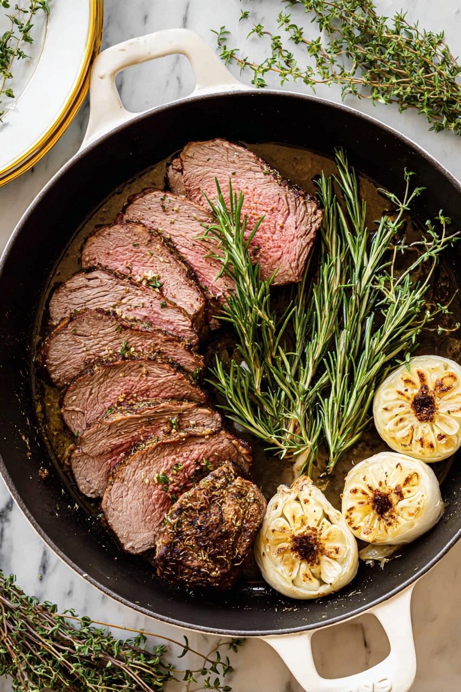 A white plate on a white marbled surface holds three slices of medium-rare roast beef, each slice showing a pink center with a browned crust around the edges. Two dollops of creamy white sauce with black pepper specks are placed on top of the beef slices. On the right side of the plate, there is a half head of roasted garlic with a golden brown top. Fresh green rosemary sprigs sit near the garlic, adding a touch of color. In the background, a whole garlic bulb and additional rosemary sprigs are softly out of focus. Photo taken with an iphone --ar 2:3 --v 7