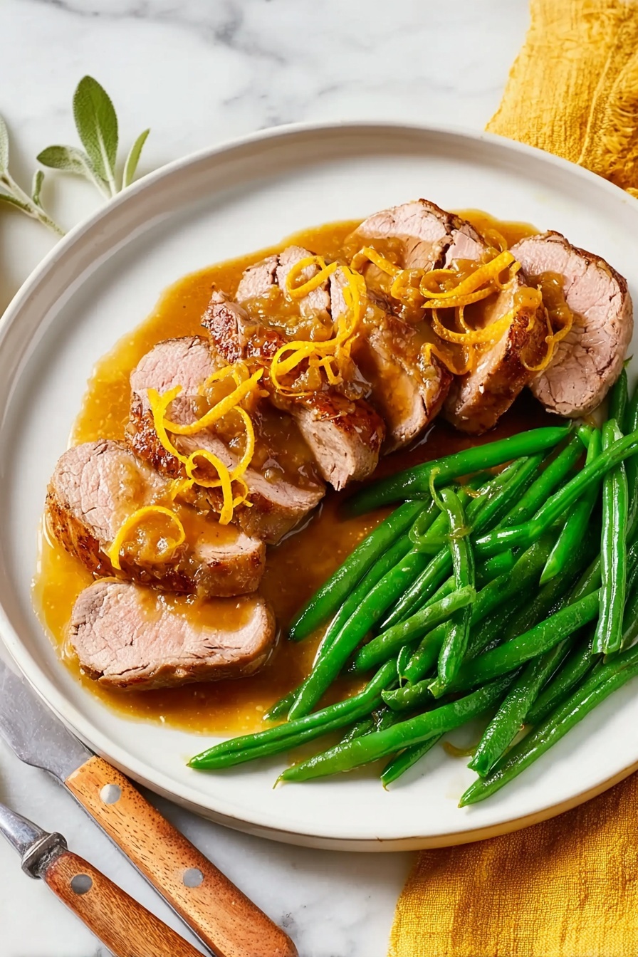 A white plate holds a neat row of seven slices of cooked duck, each slice showing a brown crispy edge and pinkish inside, topped with a light brown sauce and thin orange peel strips. Behind the duck, a small pile of bright green cooked green beans is placed, their smooth texture contrasting with the meat. The plate sits on a white marbled surface, with a fork with a wooden handle nearby and a yellow cloth partially visible on the left side. Photo taken with an iphone --ar 2:3 --v 7