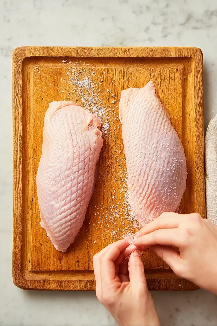 Two raw pieces of poultry skin with a light pink color, each scored with a crisscross pattern, placed side by side on a wooden cutting board with a warm brown tone and visible grain texture. A woman's hand is visible in the lower right corner, sprinkling salt over the right piece of poultry. The cutting board sits on a white marbled surface, adding a clean and bright contrast to the scene. Near the top right edge of the image, a small white bowl with coarse salt is partially visible. photo taken with an iphone --ar 2:3 --v 7