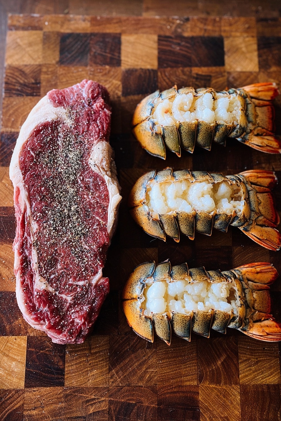 The image shows a dark wooden cutting board with one thick raw red steak on the left side, sprinkled with coarse salt and pepper. To the right, there are four raw lobster tails lying in a row, each split open to reveal white and slightly translucent flesh with some orange and dark brown tones near the shell edges. The lobster shells are a deep brown color with some blue-green hints near the base. The cutting board has a checkered pattern with different shades of brown wood. Photo taken with an iphone --ar 2:3 --v 7