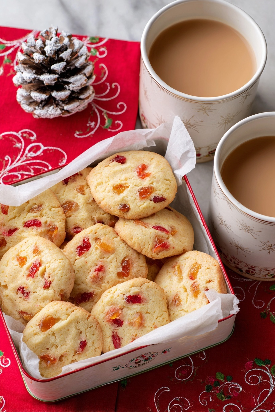 The image shows three round cookies with bits of red and light brown pieces inside, stacked slightly on each other, placed on a white cloth napkin with black scripted text, all on a red cloth with white embroidery. Behind the cookies, there is a white, festive tin box with a red and green floral design, filled with more of the same cookies lined with translucent paper. To the right, a white cup filled with light brown coffee sits near two pinecones dusted with white powder, all resting on a white marbled surface. Photo taken with an iphone --ar 2:3 --v 7