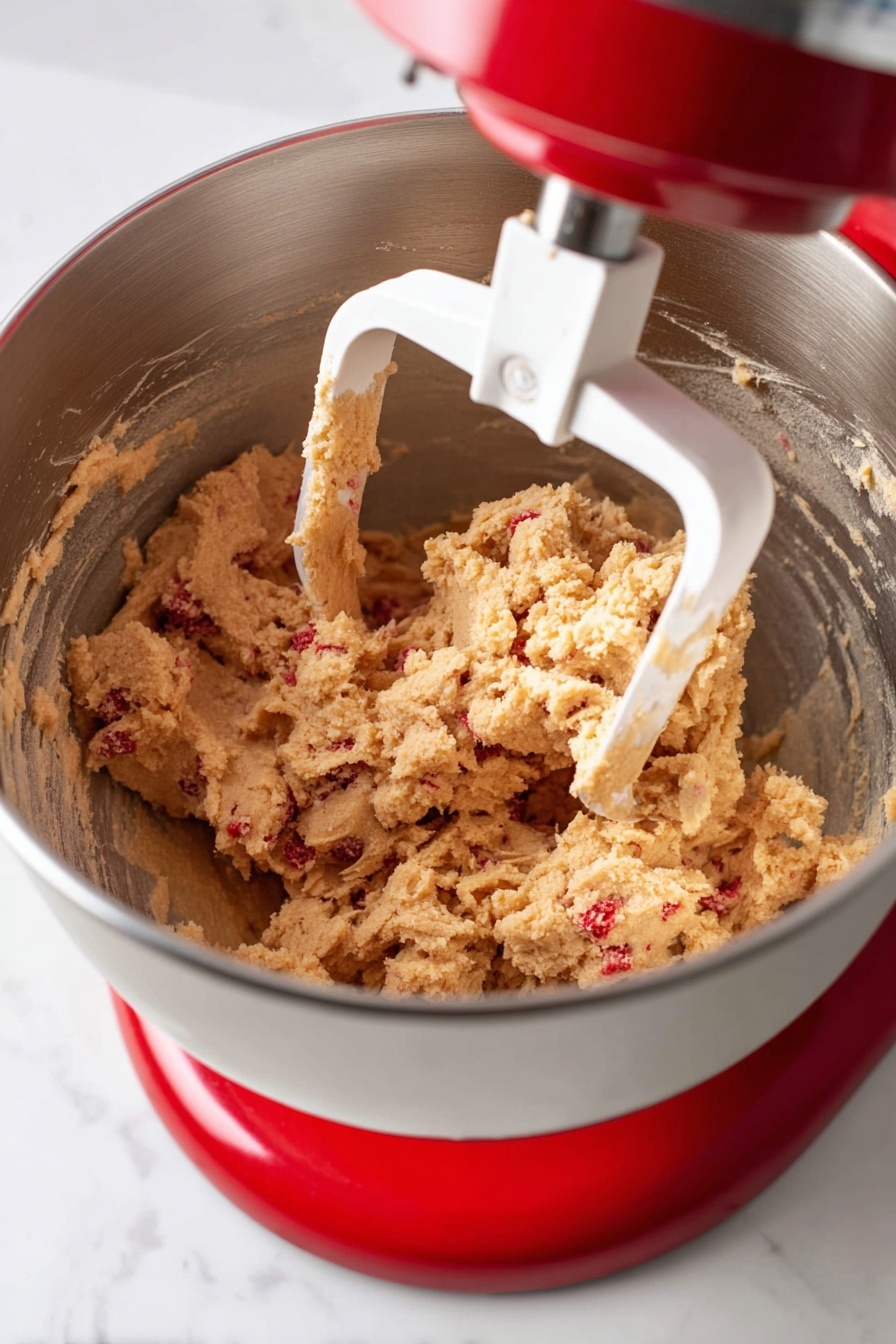 A close-up view of a red stand mixer with a silver mixing bowl containing chunky dough that has a mix of beige and light brown colors, speckled with small red bits throughout. The dough clings to a white paddle attachment that sits inside the bowl, showing a rough, slightly crumbly texture. The background is a white marbled surface, enhancing the vibrant red of the mixer and the contrast with the dough photo taken with an iphone --ar 2:3 --v 7