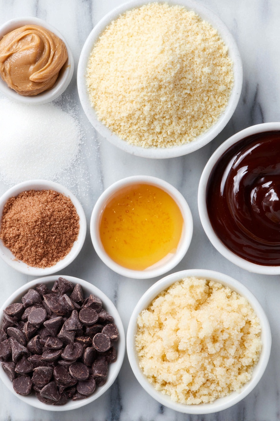 Flat lay of a small white ceramic bowl filled with pale almond flour, a smaller white ceramic bowl containing light tan coconut flour, a tiny white ceramic bowl holding ground cinnamon, another tiny white ceramic bowl with ground ginger, a pinch of salt in a small white ceramic dish, a few whole uncracked brown eggs, a small white ceramic bowl with creamy almond butter, a small white ceramic bowl with golden honey, a small white ceramic bowl with dark molasses, a small white ceramic bowl with melted glossy dark chocolate mixed with coconut oil placed beside a whole fresh coconut halved showing white flesh, all arranged symmetrically on a clean white marble surface, soft natural light, photo taken with an iPhone, professional food photography style, fresh ingredients, white ceramic bowls, no bottles, no duplicates, no utensils, no packaging --ar 2:3 --v 7 --p m7354615311229779997