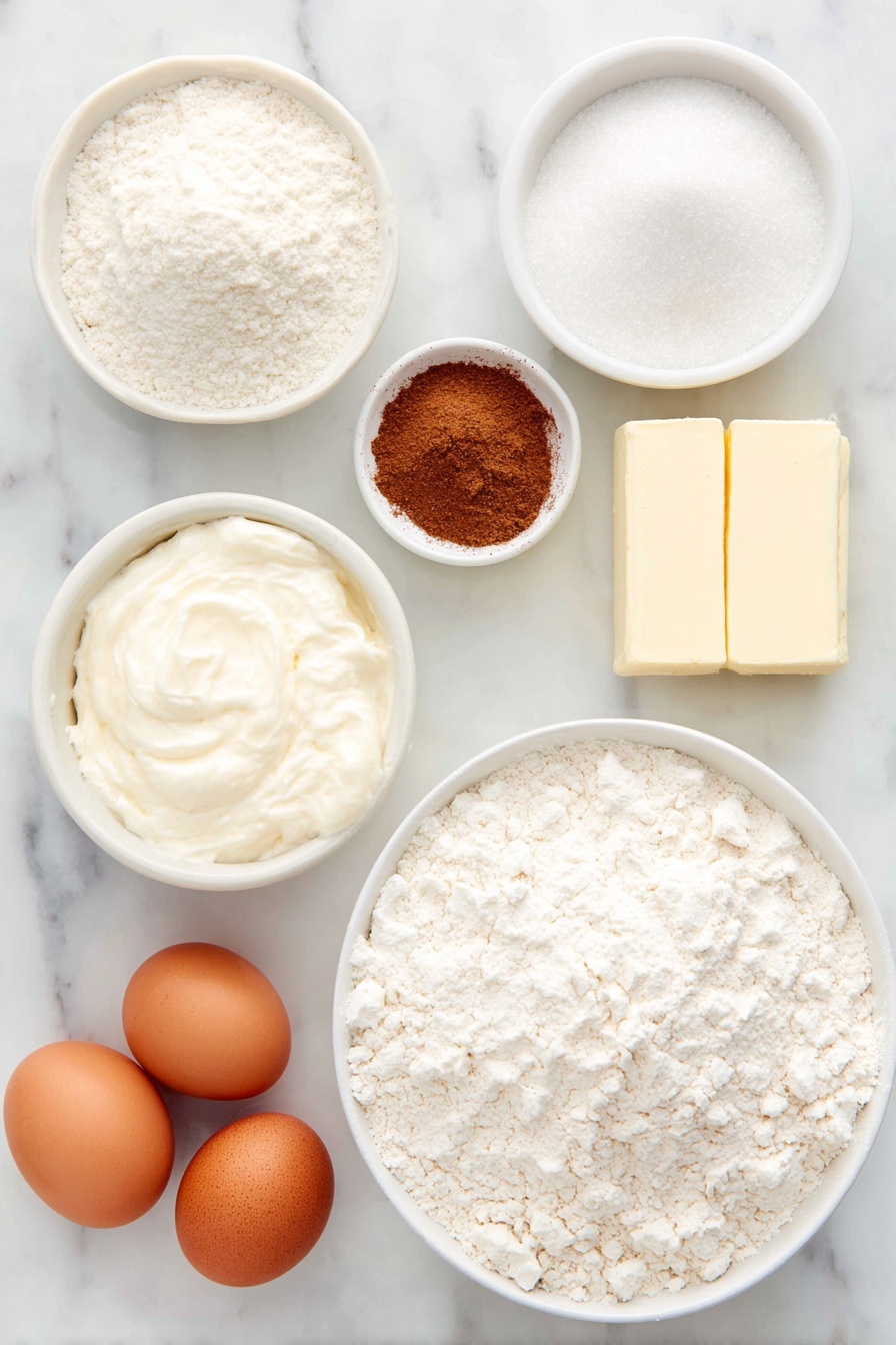 Flat lay of a heaping mound of all-purpose flour on a simple white ceramic plate, two whole large brown eggs with clean shells, several sticks of unsalted butter softly stacked on a white ceramic dish, a small white bowl filled with granulated sugar, a small white bowl holding packed light brown sugar, a small white bowl with fine ground cinnamon, a small white bowl of cream of tartar powder, a small white bowl of baking soda powder, a small white bowl of fine salt, a small white bowl containing pure vanilla extract, and a small white bowl with a mixture of granulated sugar and ground cinnamon, all arranged with perfect symmetry on a clean white marble surface, soft natural light, photo taken with an iPhone, professional food photography style, fresh ingredients, white ceramic bowls, no bottles, no duplicates, no utensils, no packaging --ar 2:3 --v 7 --p m7354615311229779997