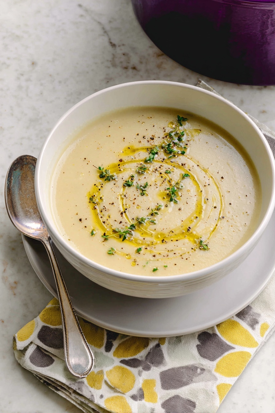 A white bowl holds a creamy light yellow soup with a smooth texture, topped with a swirl of golden oil, small green herb leaves, and a light sprinkling of black pepper. The bowl sits on a white plate with a patterned cloth napkin in soft yellow and grey tones folded beneath it. Next to the bowl on the plate is a silver spoon with a detailed handle. Behind, a dark purple pot with shiny surface is partially visible. The whole setting is placed on a white marbled surface. Photo taken with an iphone --ar 2:3 --v 7