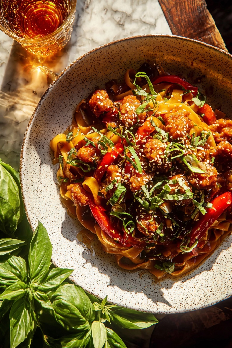 A white round bowl filled with a noodle dish, starting with wide flat brown noodles as the base layer. On top, there are crispy golden-brown pieces of cooked meat scattered across, mixed with slices of red and orange bell peppers. Thin slices of green onions and fresh green herbs are sprinkled over, along with small white sesame seeds. The bowl sits on a white marbled surface with some fresh green leaves around and a glass of golden liquid nearby, sunlight casting shadows over the scene. photo taken with an iphone --ar 2:3 --v 7