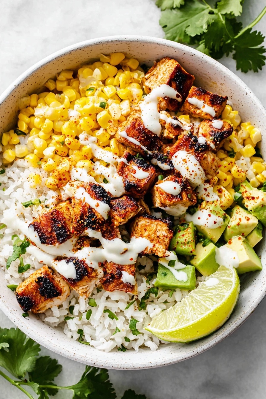A white bowl filled with three layers: the bottom layer is white rice with a soft texture, lightly mixed with green cilantro leaves; the middle layer is bright yellow corn kernels, settled mostly on one side of the bowl; the top layer consists of grilled chicken pieces with a golden-brown, slightly charred surface, drizzled with a white creamy sauce and sprinkled with red spices; there are chunks of fresh green avocado and more cilantro leaves scattered on top, with a lime wedge placed near the edge of the bowl; the bowl is set on a white marbled textured surface with a partial lime visible next to it photo taken with an iphone --ar 2:3 --v 7