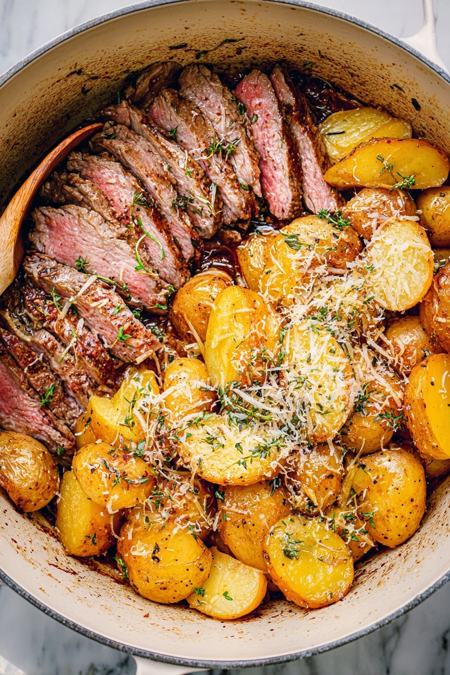 A white pan with a thick black rim holds a cooked meal with two main layers. On the left side, there are thin slices of browned steak with a pink center sprinkled with small green herbs. On the right side, there are golden yellow potato wedges cooked with a slightly crispy texture, also sprinkled with green herbs and small bits of grated light cheese. A wooden spatula rests on the top right edge of the pan. The background is a white marbled surface. Photo taken with an iphone --ar 2:3 --v 7