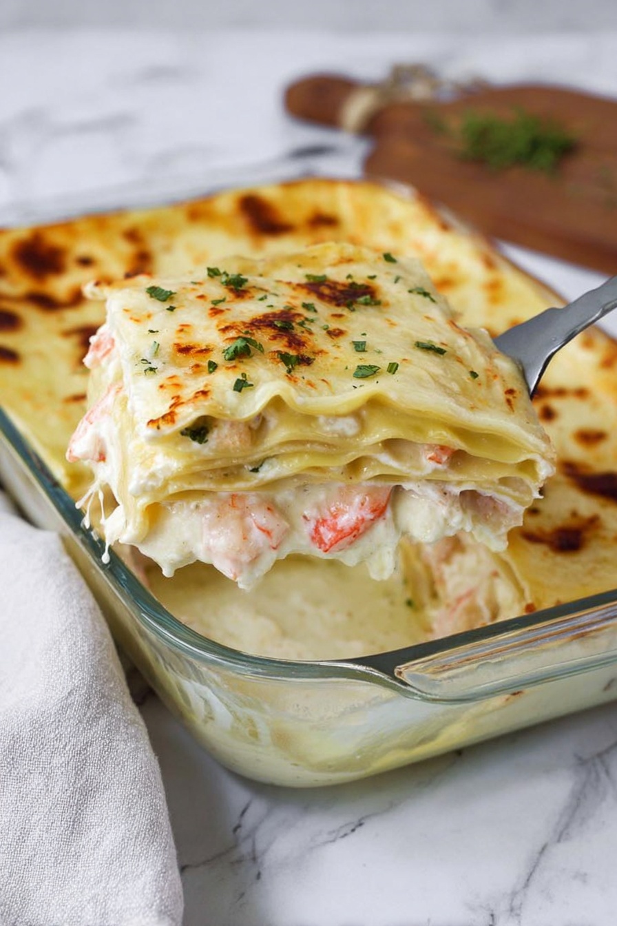 A glass baking dish contains a multi-layered white cheese lasagna topped with melted, lightly browned cheese and small green herb leaves scattered on top. The lifted slice shows several layers of creamy white sauce, pasta sheets, and visible pieces of seafood with pink and white colors inside the layers. The dish is on a white marbled surface with a blurred background. A woman's hand holds a metal spatula lifting the slice from the dish. Photo taken with an iphone --ar 2:3 --v 7