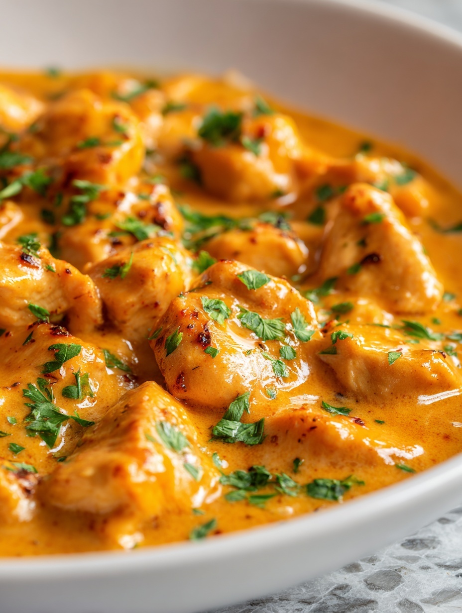 A white bowl is half filled with fluffy white rice garnished with small green herb pieces, and the other half holds a thick creamy yellow curry with chunks of chicken and sliced red peppers mixed throughout, topped with more chopped green herbs. A silver fork is digging into the curry from the right side, held by a woman's hand. Nearby, on the white marbled surface, is a white plate with folded pieces of light golden flatbread, and a gray cloth is partially visible under the bowl. photo taken with an iphone --ar 2:3 --v 7