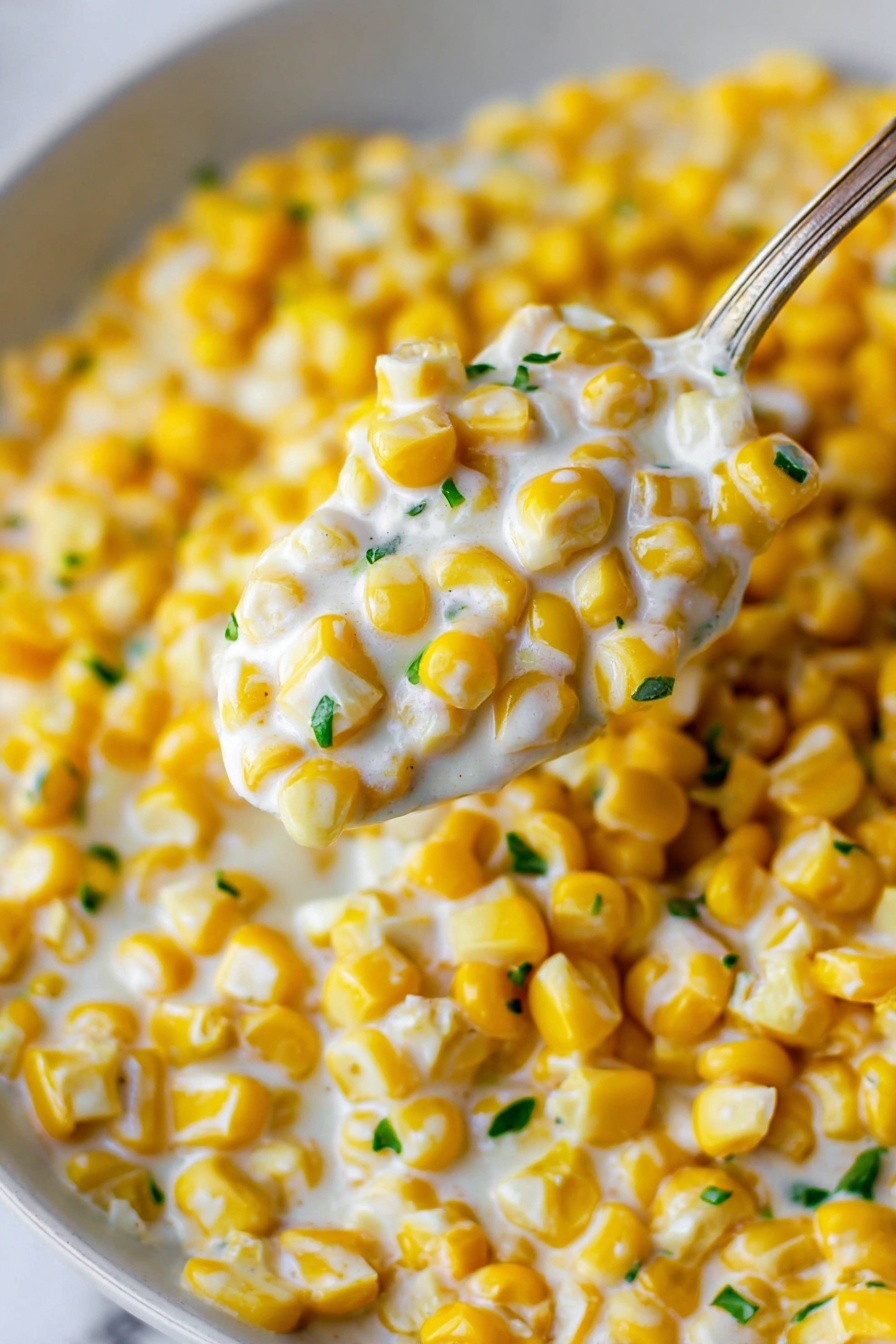The image shows a close-up of creamy corn mixed with small pieces of green herbs, all on a white marbled surface. The dish contains mostly bright yellow corn kernels covered in a smooth, white creamy sauce. The texture looks soft and moist, with the corn pieces glistening from the sauce. A spoon lifts a scoop of the corn mixture, revealing the thick and rich cream coating the kernels and herbs. Photo taken with an iphone --ar 2:3 --v 7