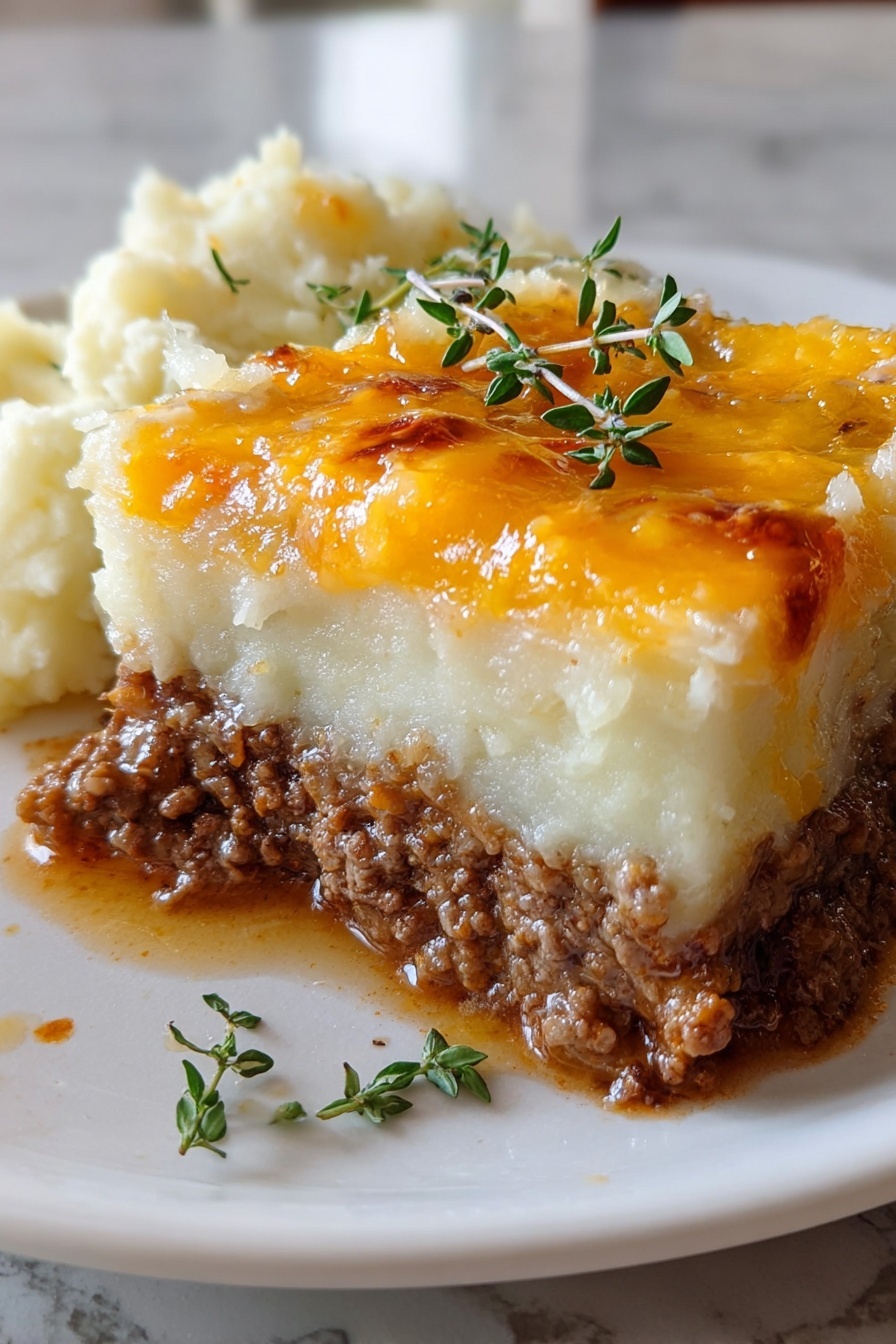A thick square slice of layered meat casserole on a white plate sits on a white marbled surface. The bottom layer is a dense, textured brown ground meat. Above that is a smooth, soft white layer of mashed potatoes. The top layer is a melted bright orange-yellow cheese with some darker browned spots, creating a slightly crispy texture. On top, there is a small green sprig of fresh herb. In the background, a portion of white mashed potatoes with small flecks of herbs is visible. photo taken with an iphone --ar 2:3 --v 7